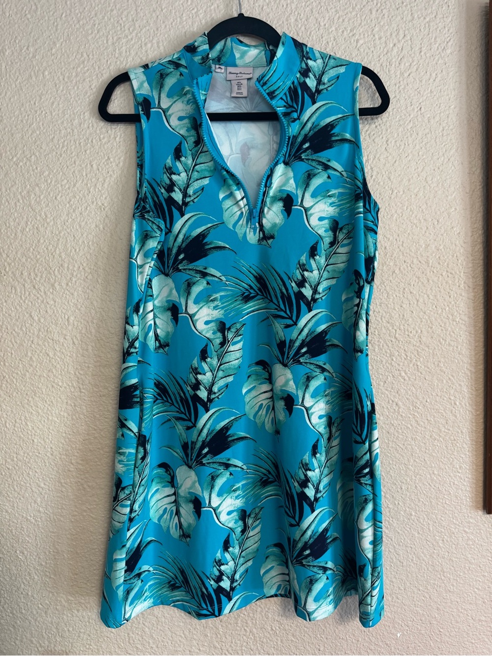 Tommy Bahama Turquoise Blue Tropical Leaf Sleeveless Dress